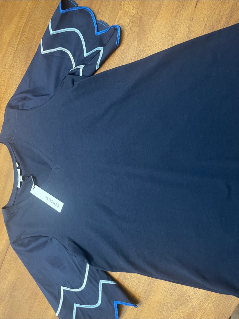 NWT Chico's Navy Tee with Light Blue Zigzag Scalloped Embroidery Sz 0